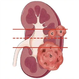 >50% of mass is across polar line (a) or mass crosses the axial renal midline (b) or mass is entirely between the polar lines (c)