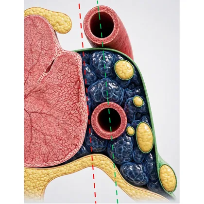 Medial to the medial tangent