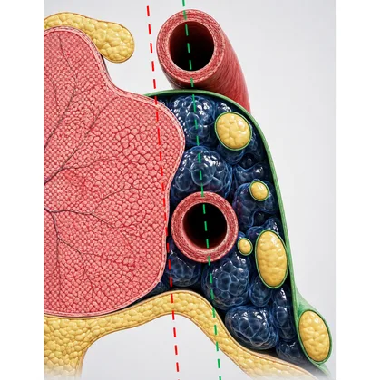 Between the medial tangent and the intercarotid line