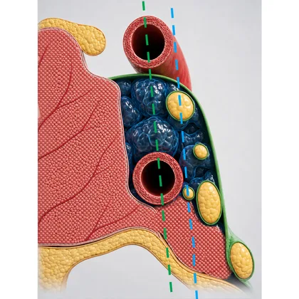 Lateral to the lateral tangent, below the intracavernous ICA